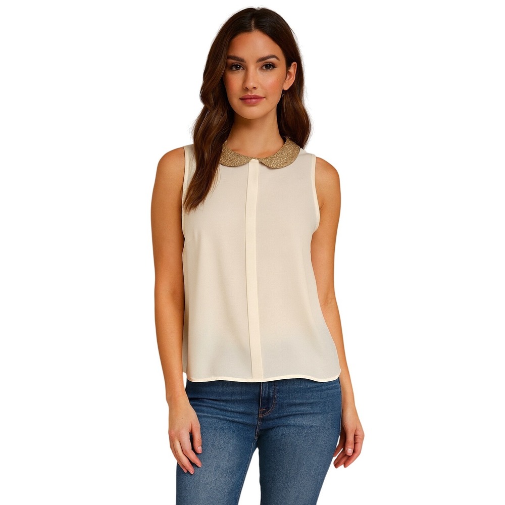 Influence Gold Collar Sleeveless Top Ivory S Soft‎ Femininity Date Night  55-09